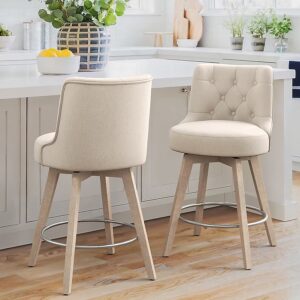 LUE BONA Beige - Upholstered Swivel Wood Bar Stool 2 -Pack - E29