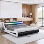 Keyluv Upholstered Full LED Bed Frame with Headboard, Modern Low Profile Platform Bed - C25