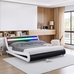Keyluv Upholstered Full LED Bed Frame with Headboard, Modern Low Profile Platform Bed - C25