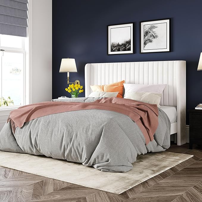 Allewie Full-Size Velvet Bed Frame, Vertical Channel Tufted Wingback Headboard, No-Box-Spring Platform Bed - C16 - Image 2