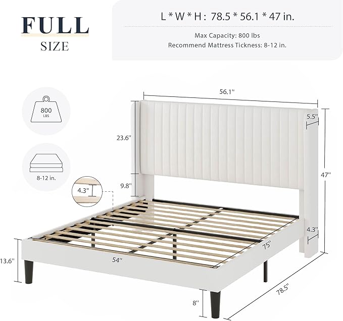 Allewie Full-Size Velvet Bed Frame, Vertical Channel Tufted Wingback Headboard, No-Box-Spring Platform Bed - C16 - Image 4