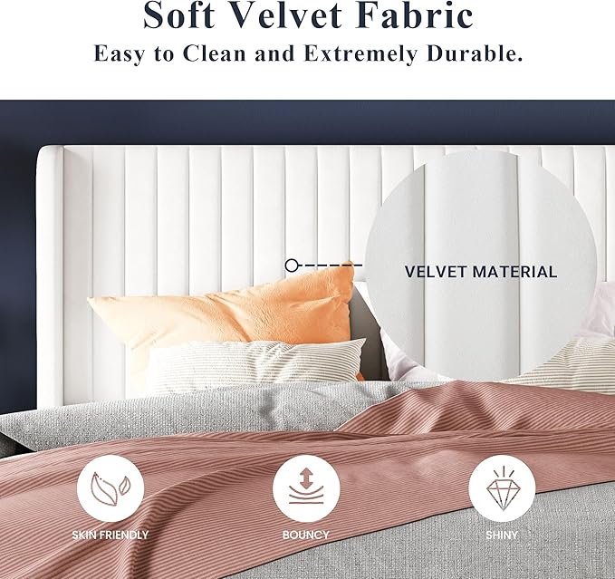 Allewie Full-Size Velvet Bed Frame, Vertical Channel Tufted Wingback Headboard, No-Box-Spring Platform Bed - C16 - Image 6