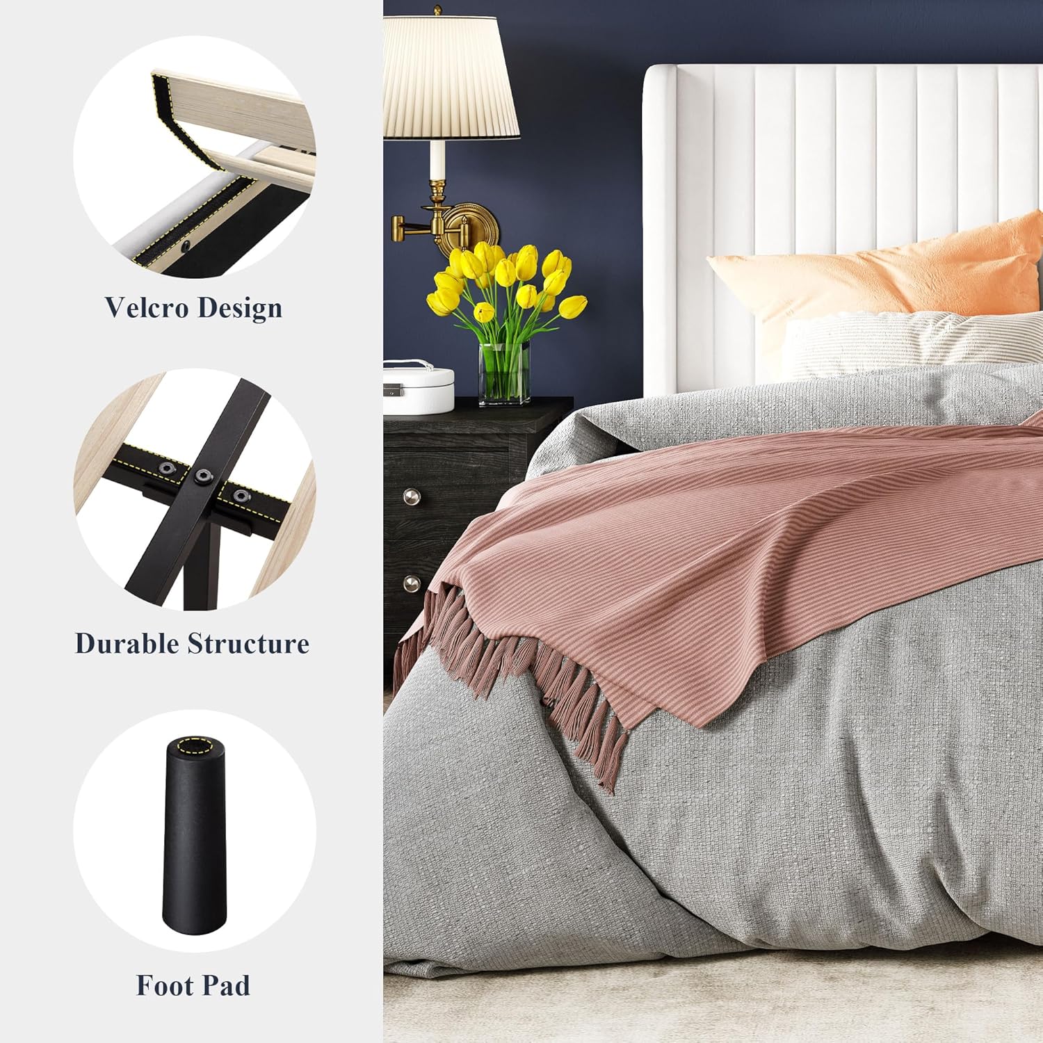 Allewie Full-Size Velvet Bed Frame, Vertical Channel Tufted Wingback Headboard, No-Box-Spring Platform Bed - C16 - Image 8