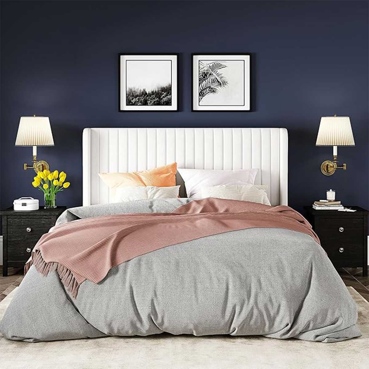 Allewie Full-Size Velvet Bed Frame, Vertical Channel Tufted Wingback Headboard, No-Box-Spring Platform Bed - C16