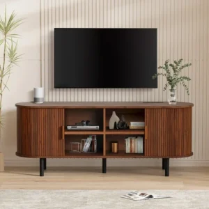 MARNUR TV Stand for 60" TV, Wood Entertainment Center with Storage & Shelves, 2 Sliding Tambour Doors, Mid-Century Modern - B26