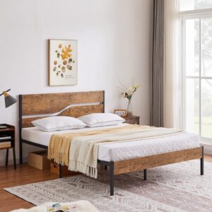 VECELO Queen-Size Platform Bed Frame with Rustic Vintage Wood Headboard - C5