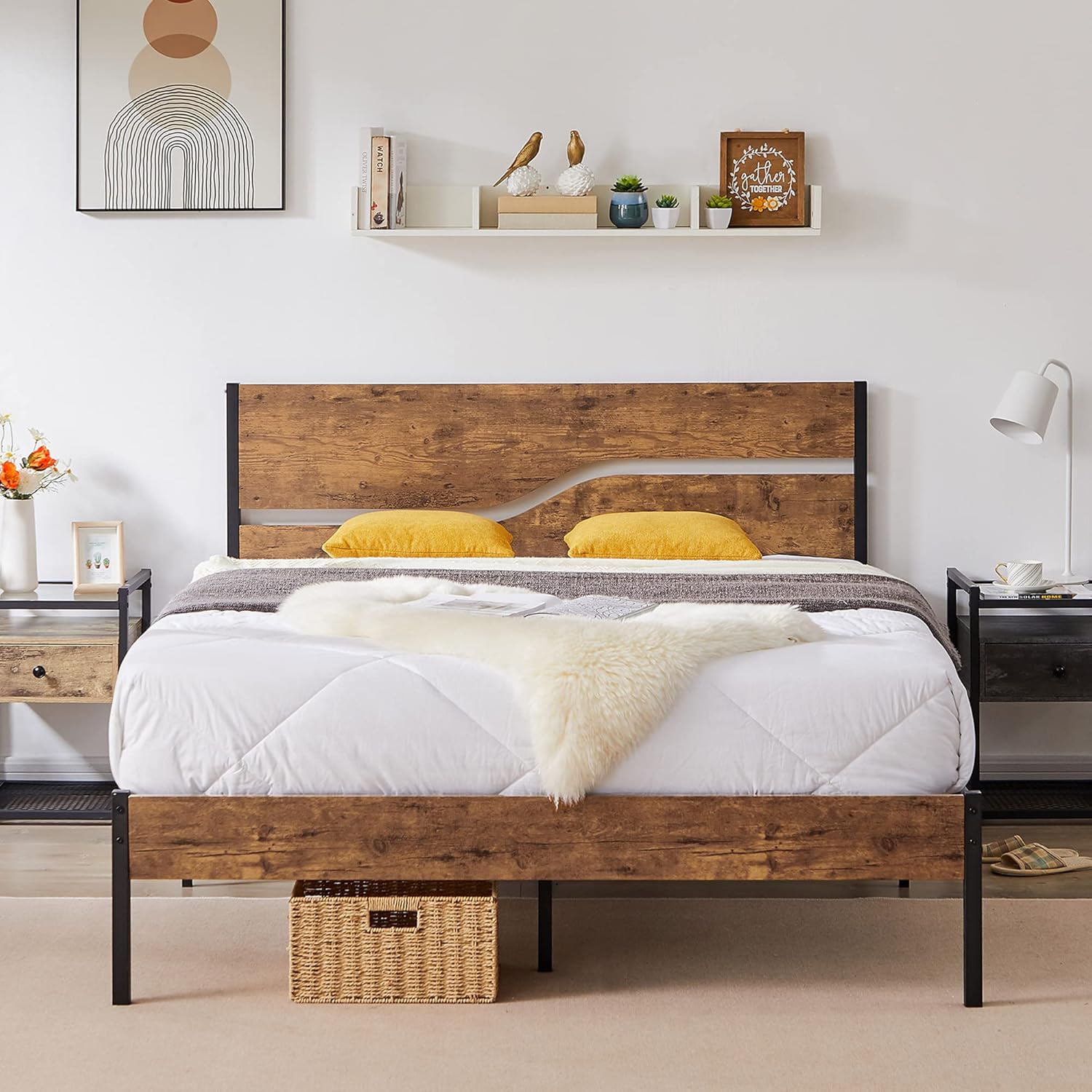 VECELO Queen-Size Platform Bed Frame with Rustic Vintage Wood Headboard - C5 - Image 4