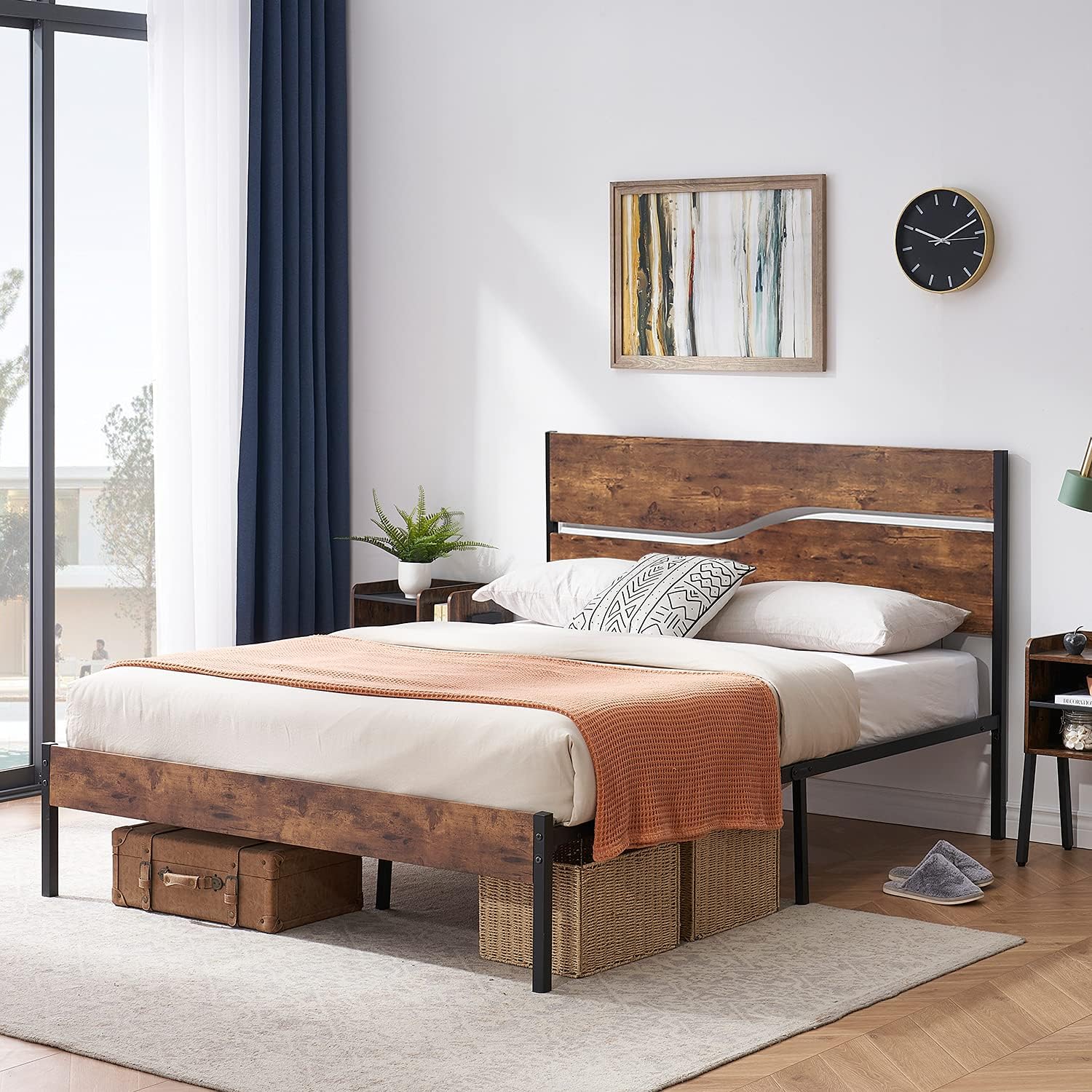 VECELO Queen-Size Platform Bed Frame with Rustic Vintage Wood Headboard - C5 - Image 5