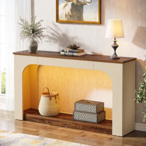 Tribesigns Console Table, Wood Farmhouse 2-Tier Sofa Table with LED Lights - A20