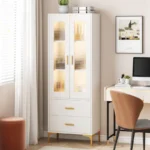 Tribesigns Freestanding Bookcase with LED Lights, Doors & 2 Drawers - A2