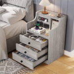 Nightstand with 3 Drawers & Charging Station (Grey) - B28