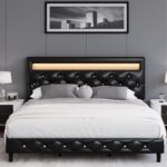 Keyluv Modern Upholstered Queen Bed Frame with LED Lights -C3
