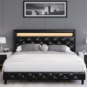 Keyluv Modern Upholstered Queen Bed Frame with LED Lights -C3