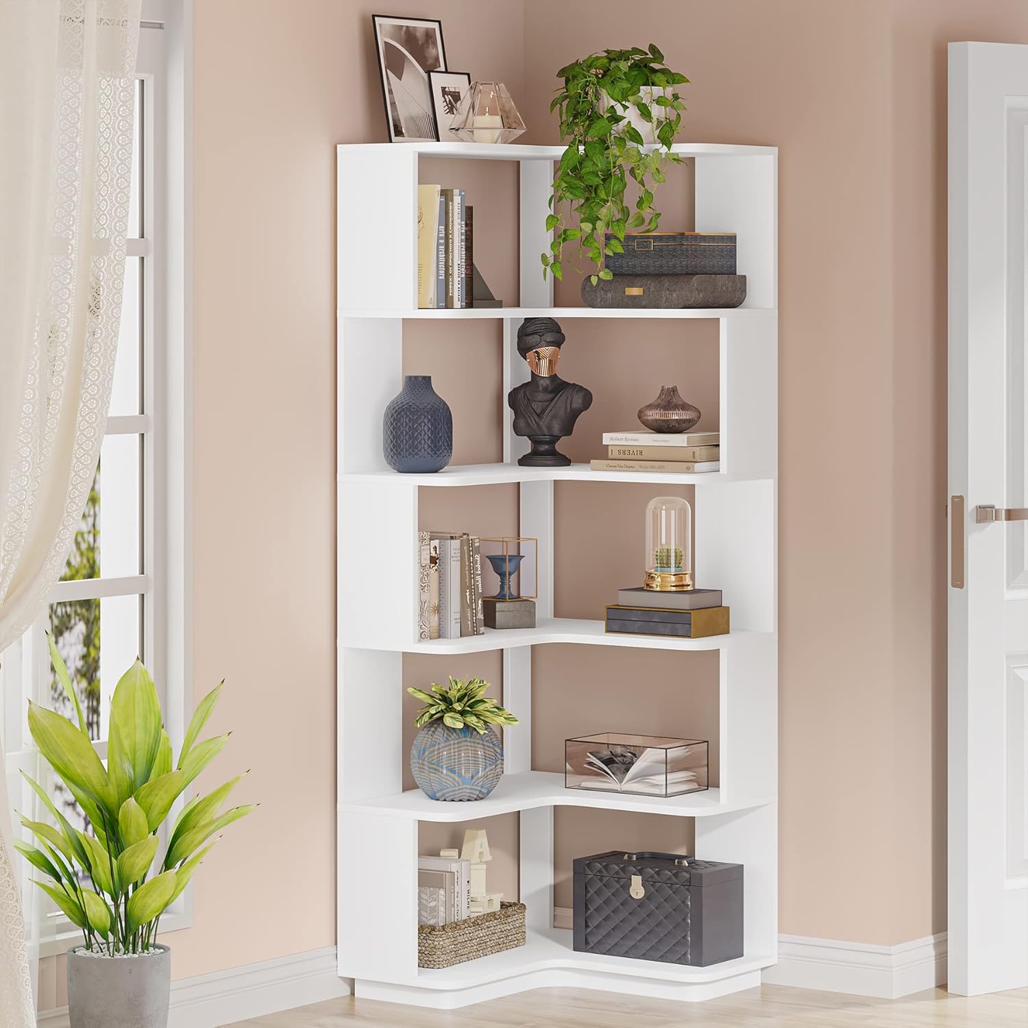 Tribesigns 6-Tier Corner Bookshelf, Corner Bookcase with Anti-Drop Panel -A5 - Image 3