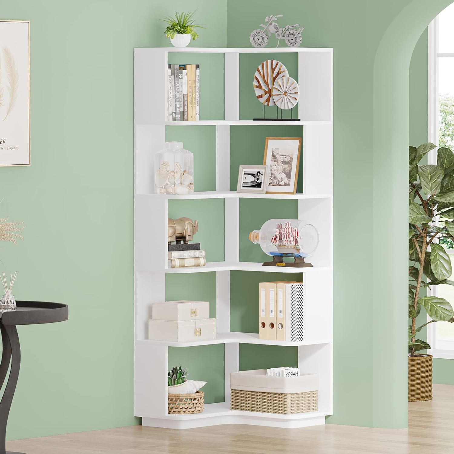 Tribesigns 6-Tier Corner Bookshelf, Corner Bookcase with Anti-Drop Panel -A5 - Image 6