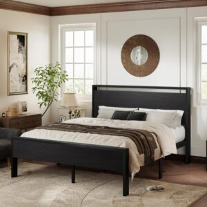 ALLEWIE Platform Bed Frame with Upholstered Headboard and Footboard, Wooden Slat Foundation - C15