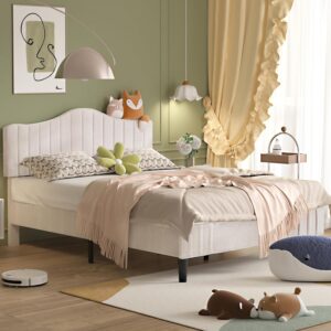 VECELO Upholstered Platform Bed with Adjustable Sheepskin Headboard and Wooden Slat Support - C19