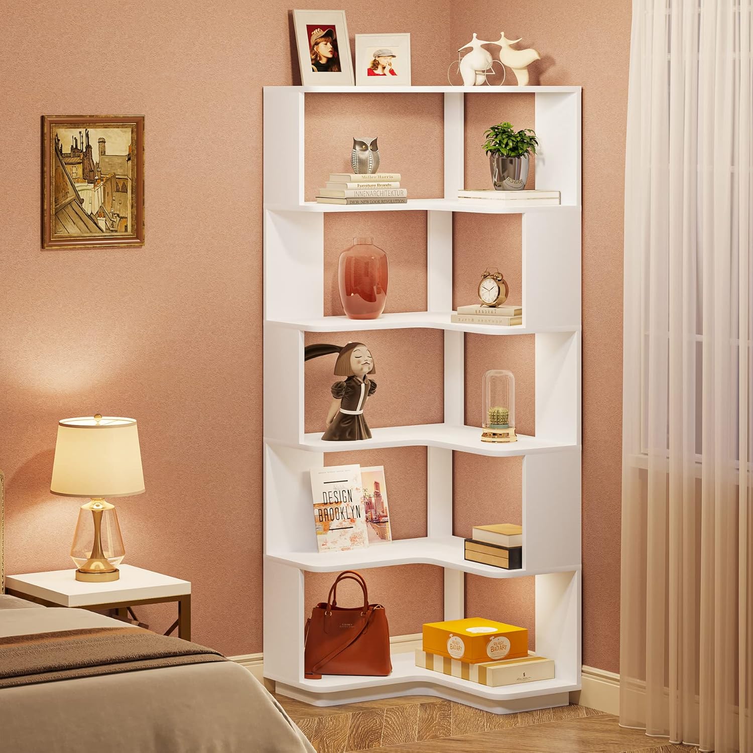 Tribesigns 6-Tier Corner Bookshelf, Corner Bookcase with Anti-Drop Panel -A5 - Image 2