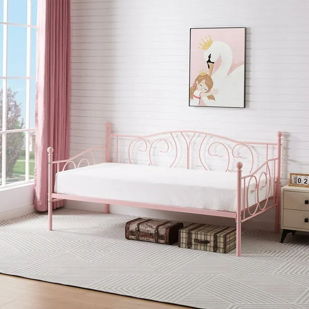 VECELO Twin Size Metal Daybed with Headboard and Metal Slat Support - C8