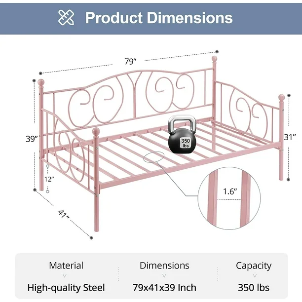 VECELO Twin Size Metal Daybed with Headboard and Metal Slat Support - C8 - Image 3