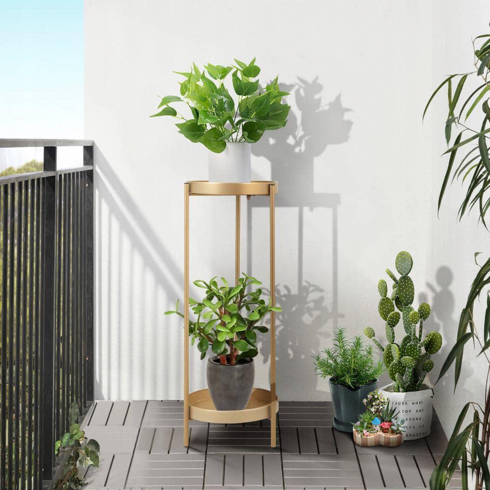 JAXPETY Metal Corner Plant Stand, 2-Tier Round Tray (Gold) - Image 5