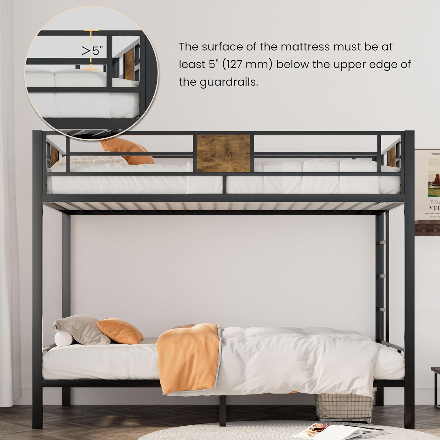 SHA CERLIN Loft Bunk Bed Twin Over Twin Size with Ladder and Guardrail, Space-Saving Metal Design - C24 - Image 5