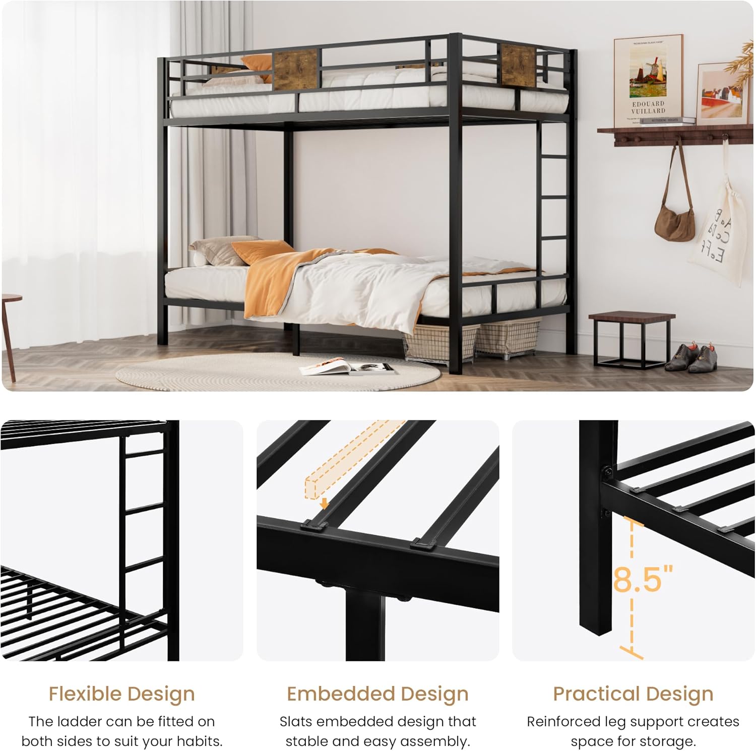 SHA CERLIN Loft Bunk Bed Twin Over Twin Size with Ladder and Guardrail, Space-Saving Metal Design - C24 - Image 8