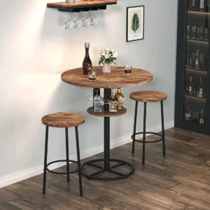 VECELO 3 Piece Bar Table Set, Small 2-Tier Round Pub Table with Barstools - E22