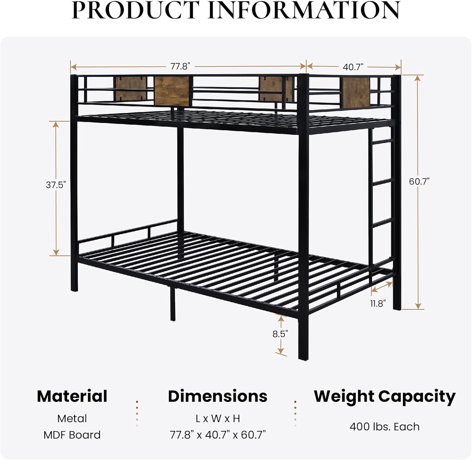 SHA CERLIN Loft Bunk Bed Twin Over Twin Size with Ladder and Guardrail, Space-Saving Metal Design - C24 - Image 6