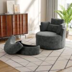 UIXE Oversized Swivel Accent Chair with Storage Ottoman, Chenille Barrel Chair Chaise Lounge - E38