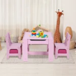 Arlopu Kids Table and 2 Chairs Set, Wooden Toddler Activity Table with Graffiti Desktop - D2
