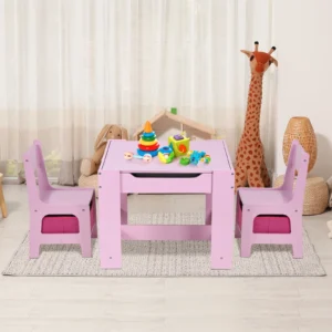 Arlopu Kids Table and 2 Chairs Set, Wooden Toddler Activity Table with Graffiti Desktop - D2