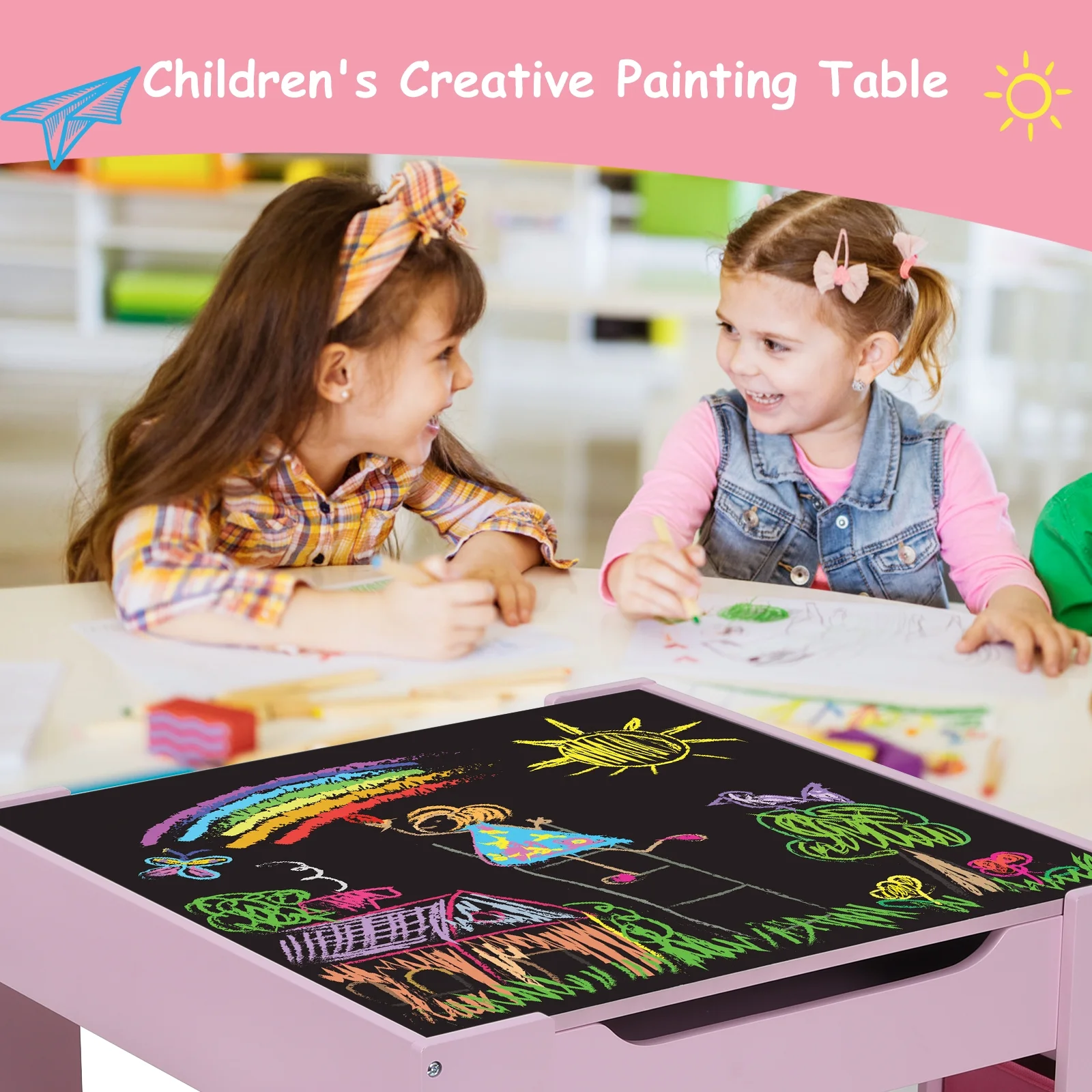 Kids Table And 2 Chairs Set - Height Adjustable Toddler Table With Graffiti Desktop