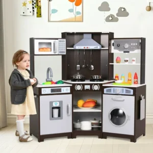 LAZY BUDDY Kids Corner Play Kitchen Wooden Pretend Toy Kitchen, Large Toodler Cooking Playset with Storage Space - D6
