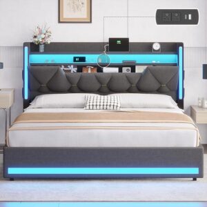 Queen Bed Frame with Storage Headboard with LED Lights, with Charging Station -C33